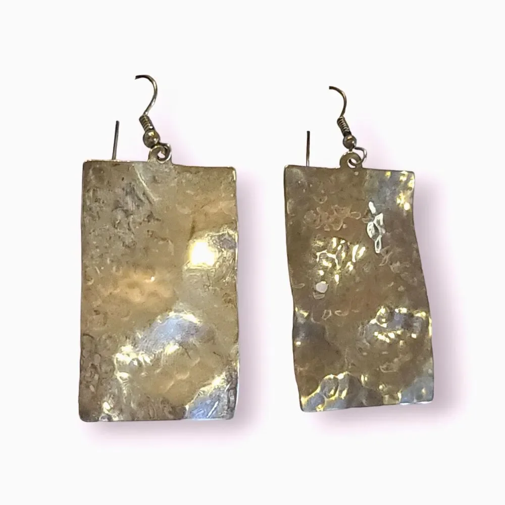 Vitage Solid 925 Sterling Silver Hammered Rectangle Hook Earrings